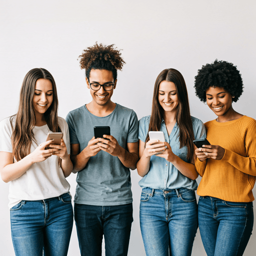 Diverse group of friends using phones